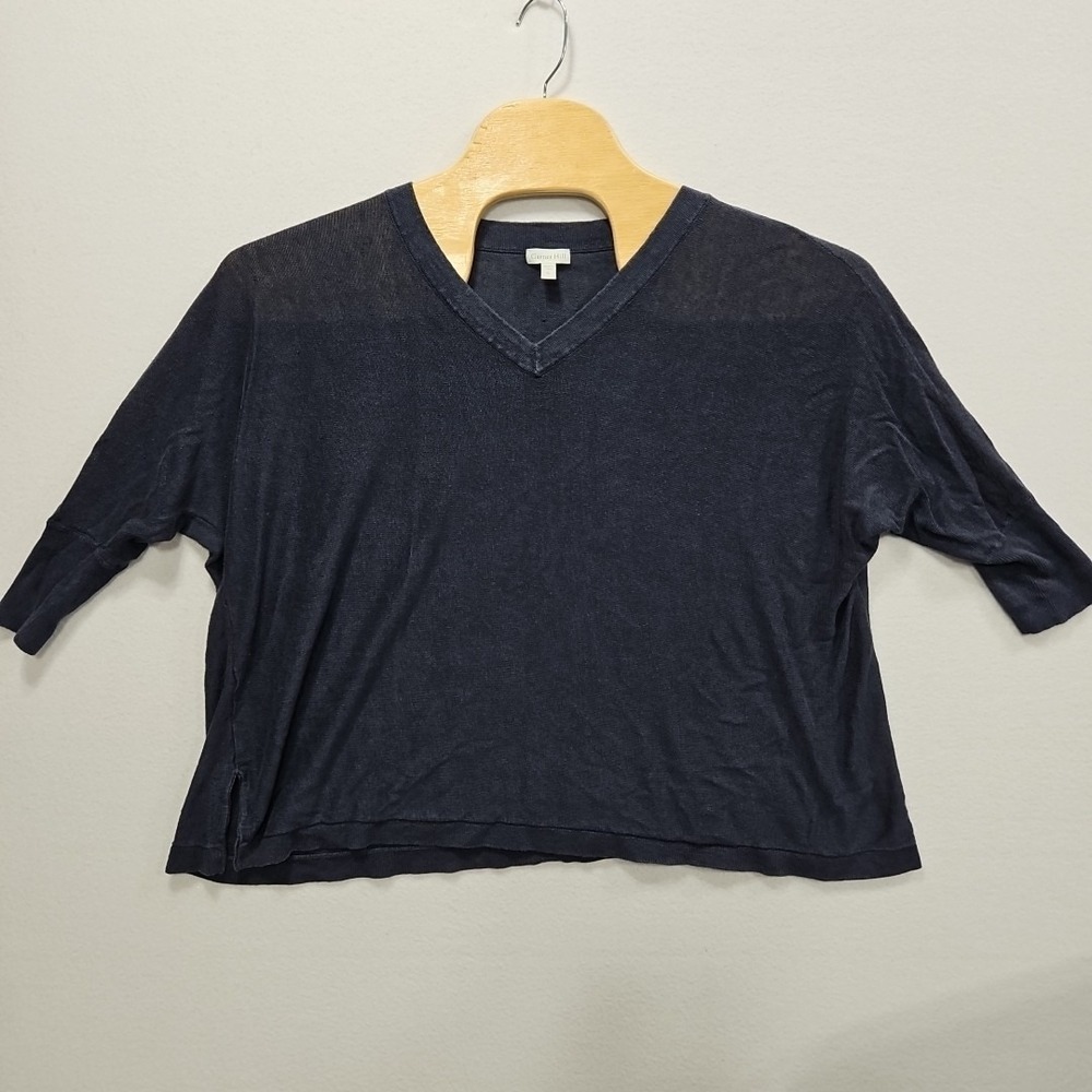 Garnet Hill XL Dolman 3/4 Sleeve V Neck Oversized Sweater 100% Linen Dark Blue